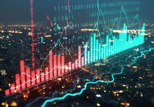 Futuristic stock market chart and financial data analysis hologram over a glowing city skyline at night