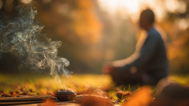 Close-up of incense smoke rising in a serene autumn park with a person meditating in the warm golden sunlight background, evoking peace and mindfulness