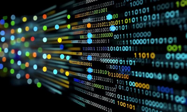 Abstract digital stream of binary code and colorful bokeh lights representing data flow and technological advancement in a dark futuristic environment
