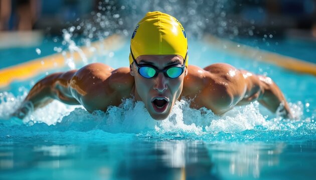 Male swimmer in yellow cap, goggles performs butterfly stroke in competition swimming pool. Athlete swims with determination, focus. Water splashes around. Man muscular, athletic. Swimming