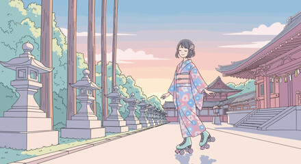 A whimsically delightful roller skating in a traditional Japanese temple setting