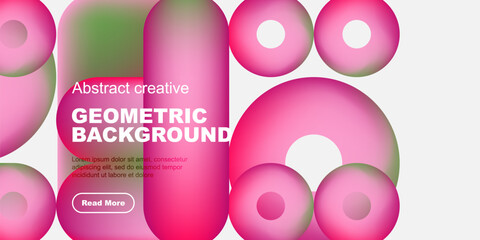 Abstract geometric shapes, vibrant colors, pinks, greens, purples. Modern design, text overlay, dark background. Simple, clean aesthetic.
