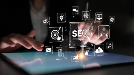 SEO concept for improving SEO visibility, with SEO related digital tools and SEO performance icons shown in an focused layout for strategic marketing. Spline