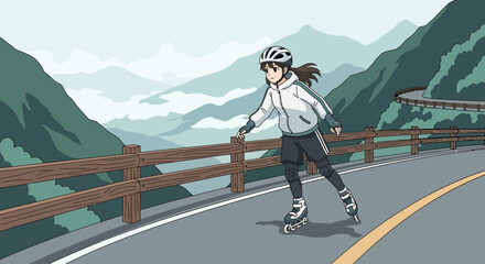Animated girl roller skating on scenic mountain road with a safety helmet