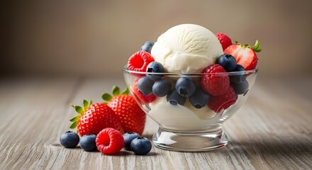 A refreshing dessert featuring a scoop of vanilla ice cream atop a mix of fresh strawberries, blueberries, and raspberries, served in a glass bowl on a rustic wooden surface
