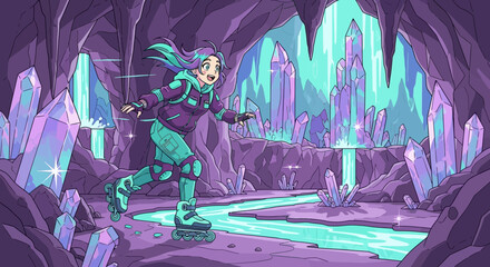 Adventurous crystal cave expedition, cartoon girl on roller skates exploring with joy