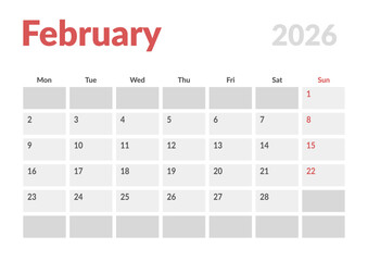 Monthly page Calendar Planner Template design of February 2026. Vector layout of calendar with week start Monday for Scheduling. Page for size A4 or 21x29.7 cm