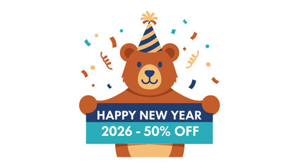 Holiday Bear Announcement: Adorable cartoon bear in a party hat, holds a festive sign announcing New Year offers. Capture the cheer, countdown, and new beginnings.