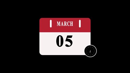 5 February date Calendar Page with Clock countdown animation on black Background. Digital calendar month and date concept design.
