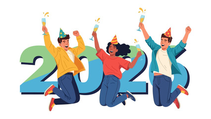 New Year's Eve 2023 Celebration: Three jubilant individuals celebrate the arrival of the new year with champagne and joyful leaps. Surrounded by vibrant hues and the spirit of renewal.