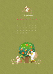 vector illustration of a tree, Calendar for 2026, new years, little planet, back to school, printable, painting, cute and happy, 12 months, September 