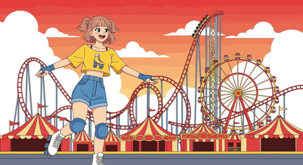 Cartoon illustration of girl on roller skates at an amusement park with vibrant atmosphere