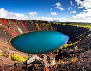 Stunning panoramic view of a cerulean lake nestled within a volcanic crater under a partly cloudy sky. Rugged landscape surrounds
