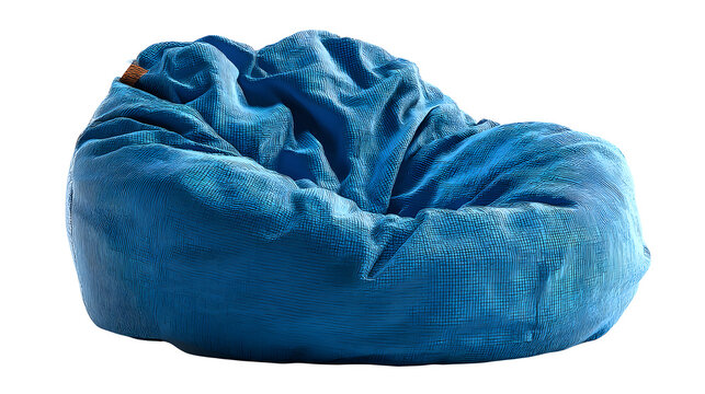 Playful children's bean bag chair, bright blue fabric, hyper-realistic folds, isolated on transparent background, photo-realistic