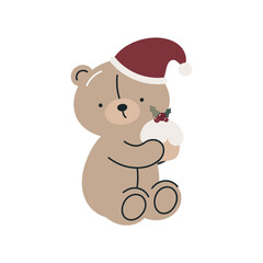 Сute Christmas teddy bear. Isolated on white background. Christmas design. Childish Christmas print. For card, posters, stickers, banners, printing on the pack, printing on clothes, fabric, wallpaper.