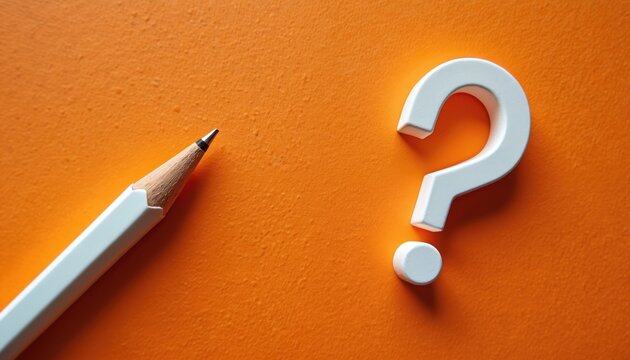 White pencil, question mark on orange surface. Represents education process. Asking, seeking answers, knowledge. Conveys confusion, doubt, uncertainty. Metaphor for school test, exam, quiz concept.