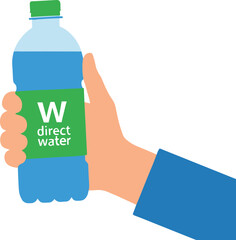 Vector hand holding water bottle, plastic drink container, hydration concept, green label branding, blue sleeve illustration, clean design, healthy lifestyle, product promotion