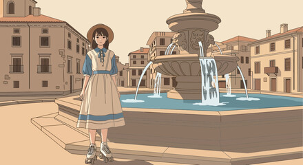Illustration of a young woman with roller skates at fountain in European city