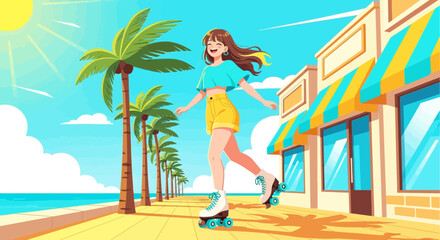 Smiling girl roller-skating along a tropical beachfront promenade in summer