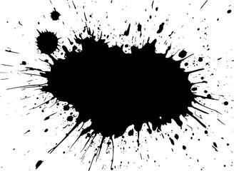 Black Ink Splatter Blob with Dripping and Spray Effects on White Background