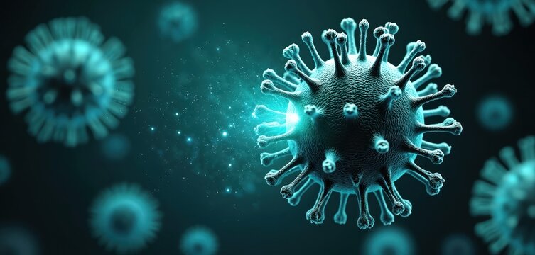 Microscopic view of spherical virus particle. Infectious pathogen spread in dark blue background with bokeh light. Microbe cell concept, disease transmission.