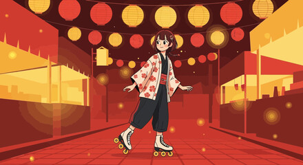 Anime girl in yukata roller-skating under festive lanterns illuminating street