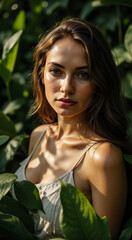 Portrait of a young woman with chestnut hair in a light white top surrounded by dense green foliage, soft sunlight illuminating her face and shoulders, symbolizing natural beauty, harmony, and summer 