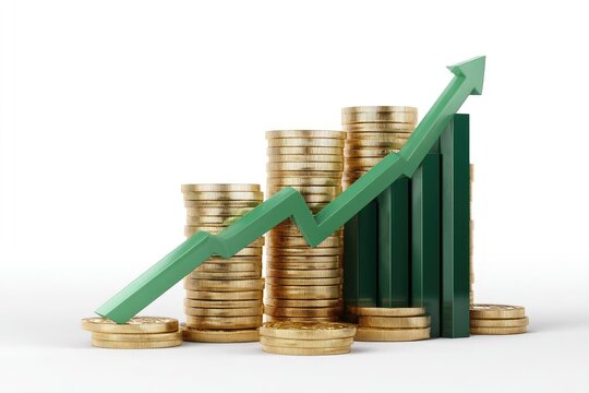Rising stacks of gold coins and a green upward arrow