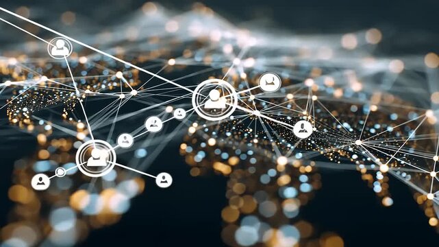 Abstract digital network illustration depicting global connectivity with glowing nodes and lines - Powered by Adobe