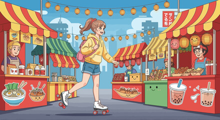 Rollerblading girl exploring the vibrant japanese food market street festival