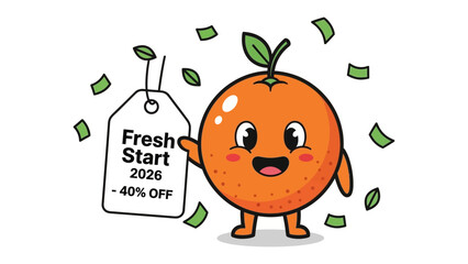 Orange's Fresh Start: A smiling orange character proudly presents a Fresh Start 2026 -40% Off price tag, surrounded by falling money, symbolizing an exciting beginning and great value.