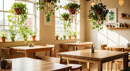 Bright cafe interior with hanging plants and wooden tables