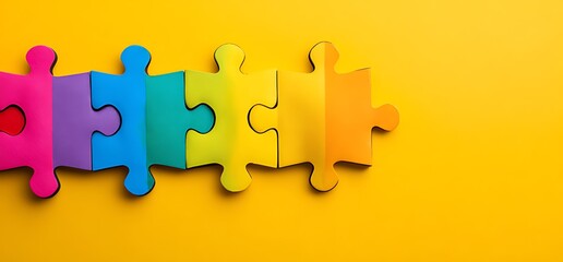Colorful puzzle pieces connected on a vibrant yellow background symbolizing unity