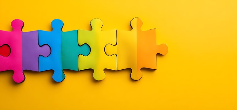 Colorful puzzle pieces connected on a vibrant yellow background symbolizing unity