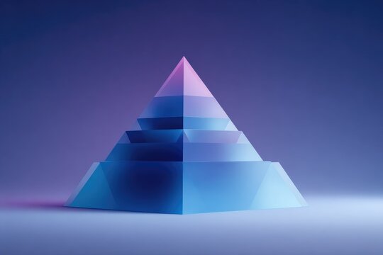 Layered glass pyramid, vibrant blue and pink hues, set against a dark background