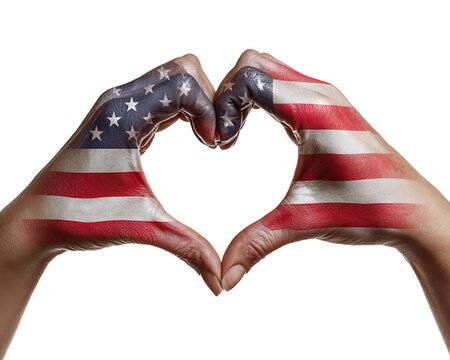 Hands forming a heart shape painted with the american flag colors