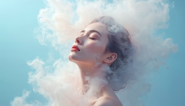 Attractive woman portrait in white smoke against a blue pastel background. Lady with closed eyes seems dreamy. Abstract art depicts sensuality, beauty. Vaporous design gives surreal effect