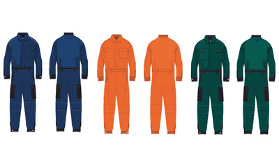 Colorful Work Uniform Jumpsuits Set - Blue Orange Green Mechanic Overalls Vector Illustration with Mawlid al-Nabi Islamic Greeting Card Teal Muhammad Calligraphy Design EPS
