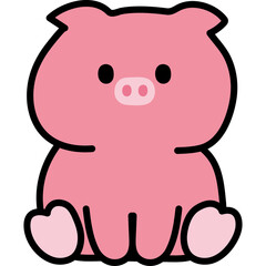 Cute Pink Pig Cartoon Sitting Down with Black Outline on a Transparent Background Simple Illustration Style