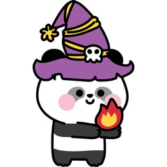 Cute Panda Wearing a Purple Witch Hat with Yellow Stripes and Skull Detail Holding a Small Flame in its Paw Against a Transparent Background