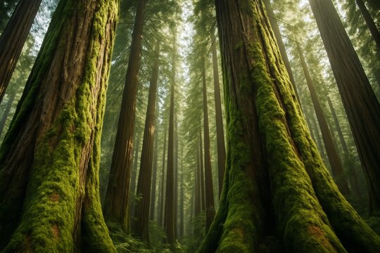 Majestic moss-covered redwood trees in misty forest with sunlight filtering through canopy, creating a tranquil natural background scene. Ai generative - Powered by Adobe