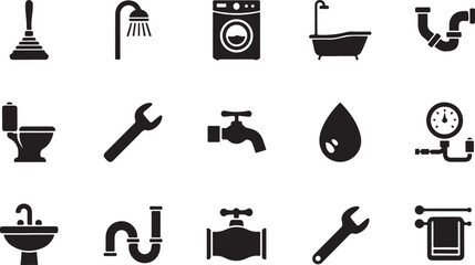 Plumbing and bathroom essential household services tool icons