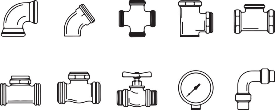 Industrial pipe fittings and gauge line art icons collection