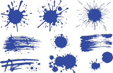 Collection of Blue Ink Splatters and Brush Strokes on White Background