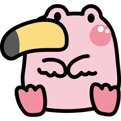 Cute Pink Cartoon Frog Bird Character With Yellow Beak Sitting Down White Background Transparent Design With Black Outline