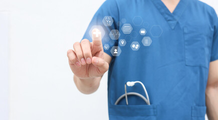 close up specialist doctor man hand touch on virtual program of telemedicine with virtual icon of medical for modern an innovation of healthcare technology concept