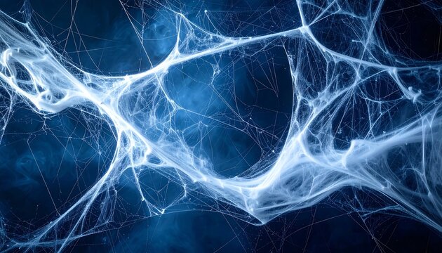 A close-up photo of a detailed, illuminated spider web