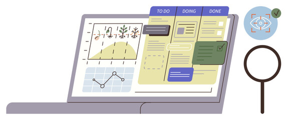 Laptop screen displaying tasks in To Do, Doing, Done columns, graphs, workflow visualization. Magnifying glass and focus icon improve process clarity. Ideal for productivity, organization, progress © robu_s