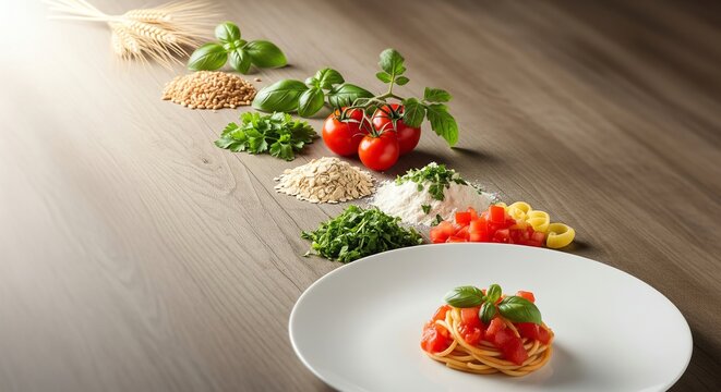Italian Pasta Ingredients and Plated Dish on Wooden Table - Powered by Adobe
