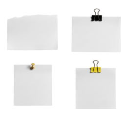 Four sheets of paper with clips transparent background cutout png